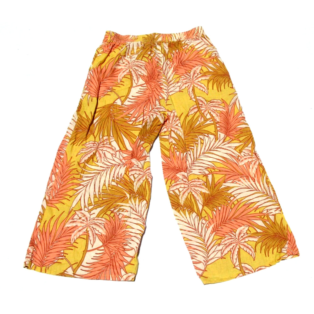Tahari Womens Large 100% Linen Wide Leg Tropical Leaf Pink-Yellow Crop Pants - Picture 3 of 5